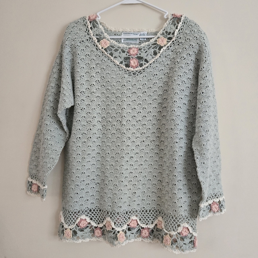 Vintage Shenanigans Hand Knit Crochet Sweater Mint Green Size S